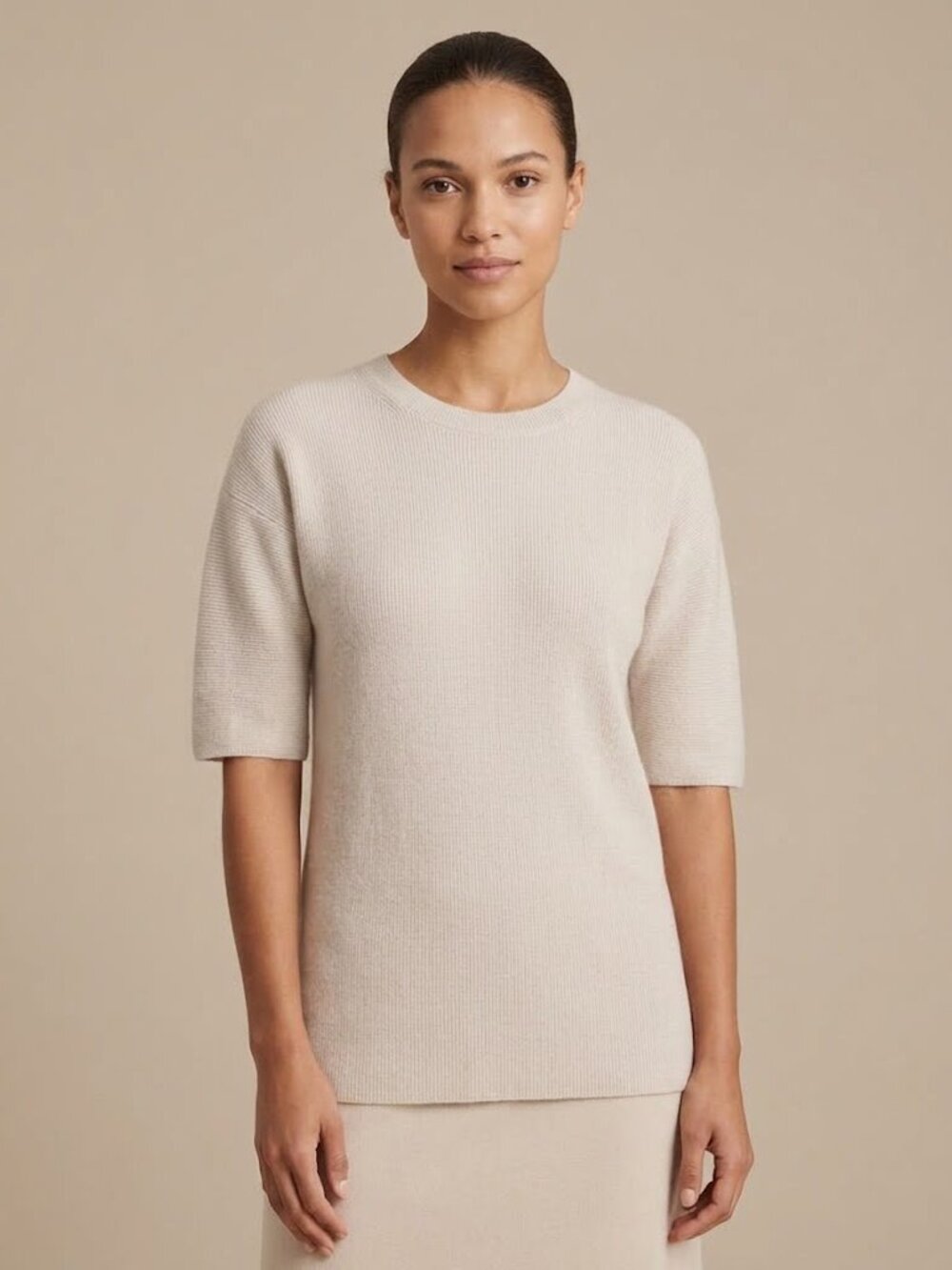 SMINFINITY Luxury Cashmere Cotton Short Sleeve Crewneck Knit Sweater Beige M